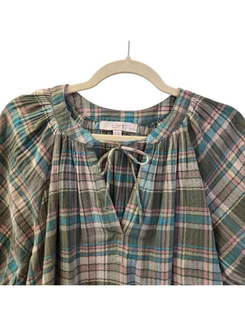 Loft Lightweight Plaid Popover Peasant Top Size Small Petite